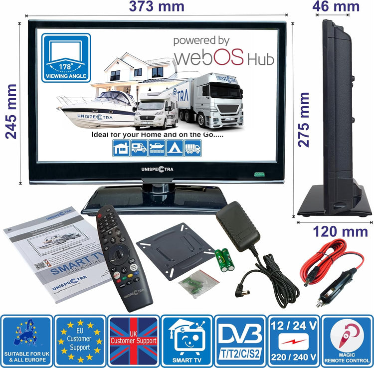 Unispectra ® 16" Smart TV (webOS) 12V Full HD LED 230v 24v Triple Tuner: Satellite, Terrestrial, cable. HDMI USB Telecomando magico TV 12V for camper, caravan, furgone, boat