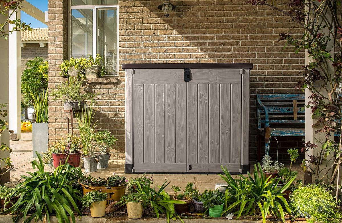Keter Store-It-Out Pro Outdoor Garden Storage Shed, 1200L, Beige & Brown, with Piston-Assisted Lid