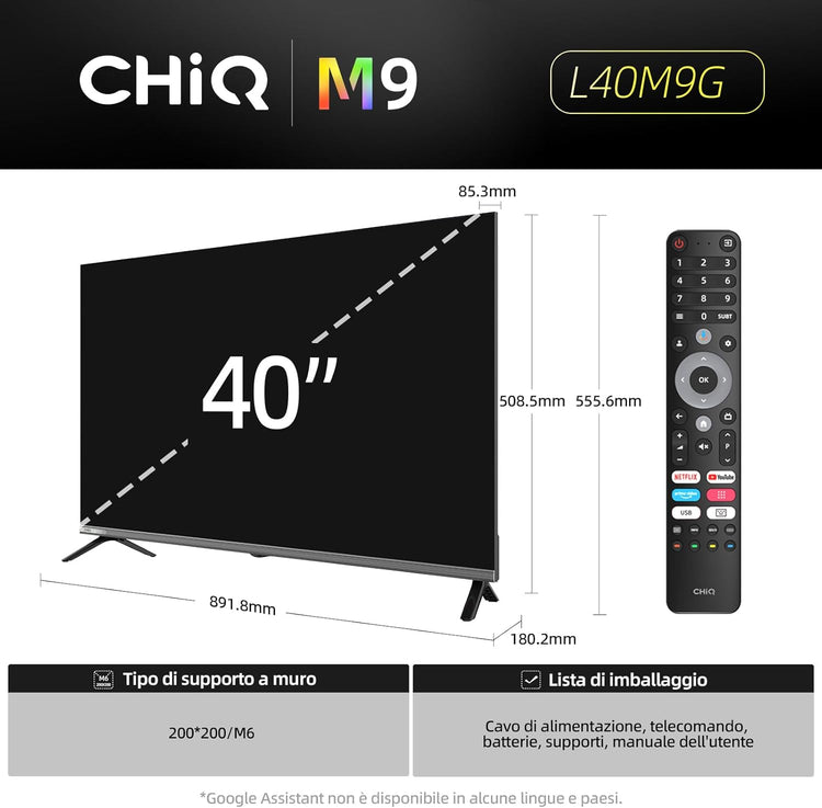 CHiQ TV 40 Inch (100cm) L40M9G, Smart TV, FHD, Google TV, HDR10, DVB-T2, Dolby Audio, Built-in Chromecast, HDMI*3, Frameless in Metal 2025