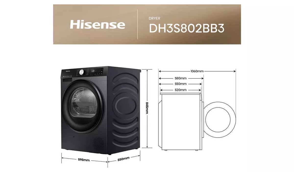 Hisense DH3S802BB3 8KG Heat Pump Tumble Dryer - Black