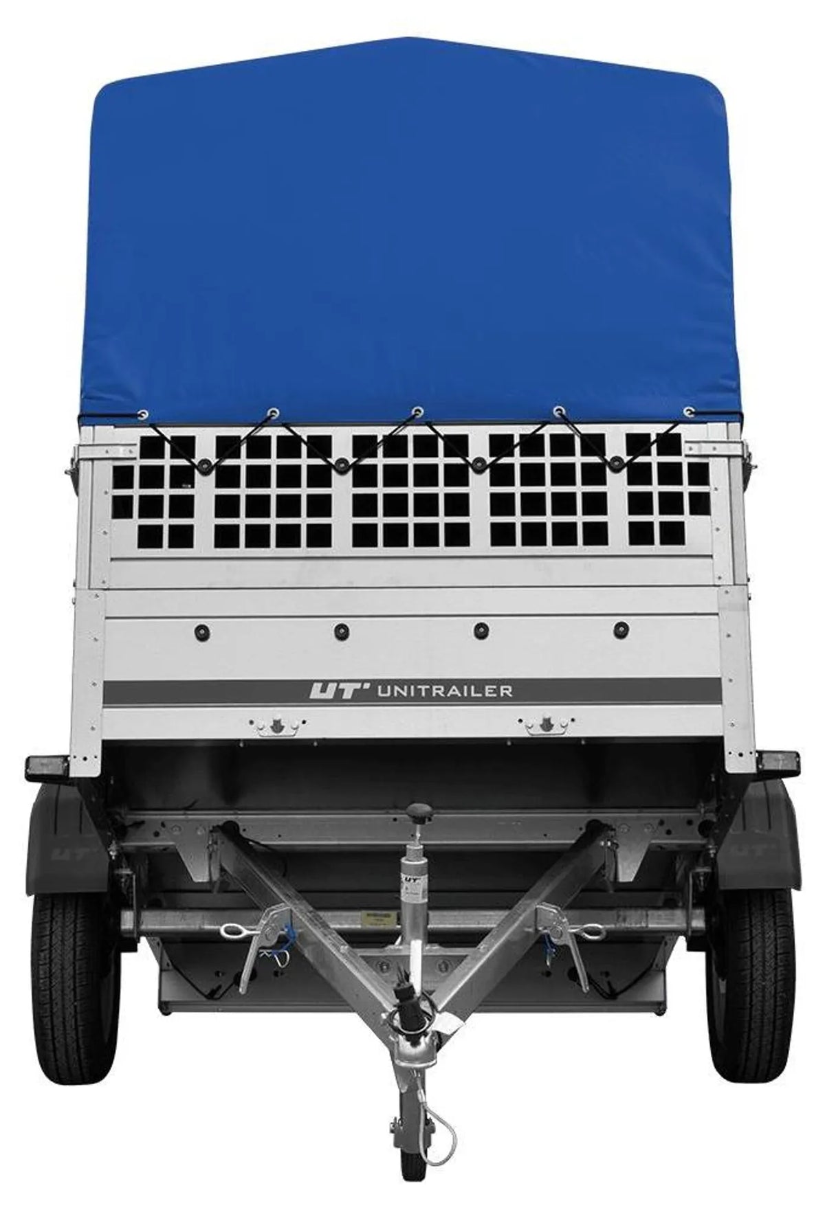Garden Trailer 201 KIPP 200x125 tarpaulin trailer with mesh side extension, blue tarpaulin, high frame and jockey wheel