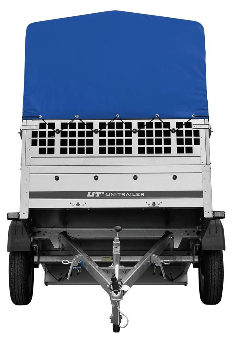 Garden Trailer 201 KIPP 200x125 tarpaulin trailer with mesh side extension, blue tarpaulin, high frame and jockey wheel