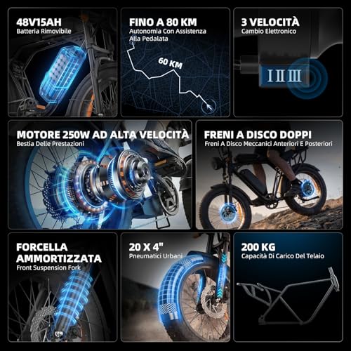 20 inch Fat Tyre Electric Bike, 48V 15Ah Removable Battery, 250W Motor, Dual Suspension