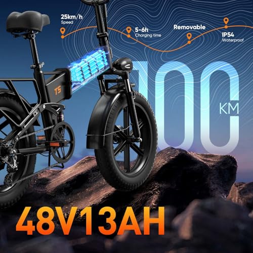 20 inch Folding Fat Tyre Electric Bike, 48V 13Ah Removable Battery, Full Suspension, 7-Speed