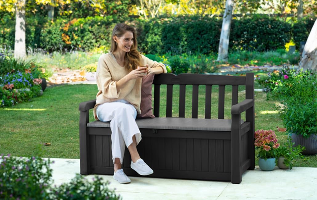 Keter Eden Bench 265L Outdoor Garden Storage Box, Graphite & Light Grey, 60% Recycled Plastic, Weatherproof