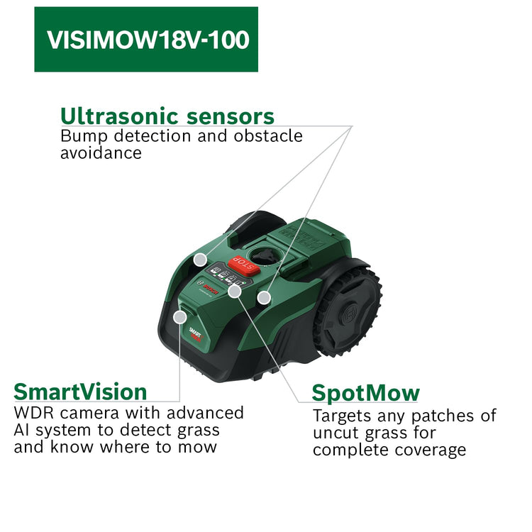 Bosch Cordless Robot Lawn Mower VISIMOW18V-100 (For Lawns up to 100 m2, Cutting Width: 16 cm, Height of Cut: 20-60 mm, incl Battery and Charger)