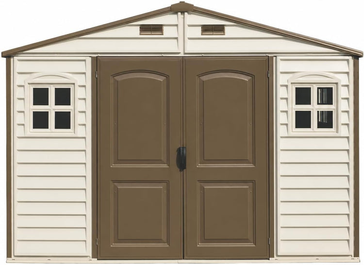 10 x 8 ft Outdoor Plastic Garden Storage Shed with Double Doors, Windows & Metal Foundation Kit