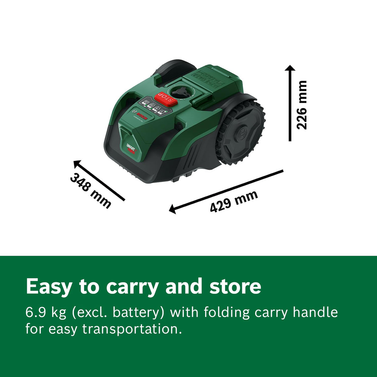 Bosch Cordless Robot Lawn Mower VISIMOW18V-100 (For Lawns up to 100 m2, Cutting Width: 16 cm, Height of Cut: 20-60 mm, incl Battery and Charger)