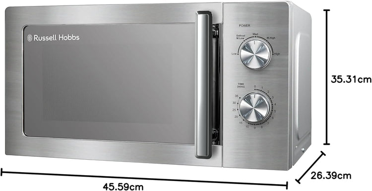 Russell Hobbs Stainless Steel Microwave 20 Litre 800W Solo Manual with 5 Power Levels, Defrost Function & Easy Clean, 35 Minute Timer, RHMM827SS
