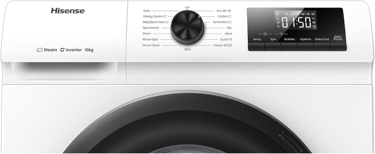 Hisense 1Q Series WF1Q1041BW Freestanding 10 KG Front Load Washing Durable Inverter Machine, Steam Wash, Quick Wash, 15 Washing Programs 1400 RPM White - Energy Rating A