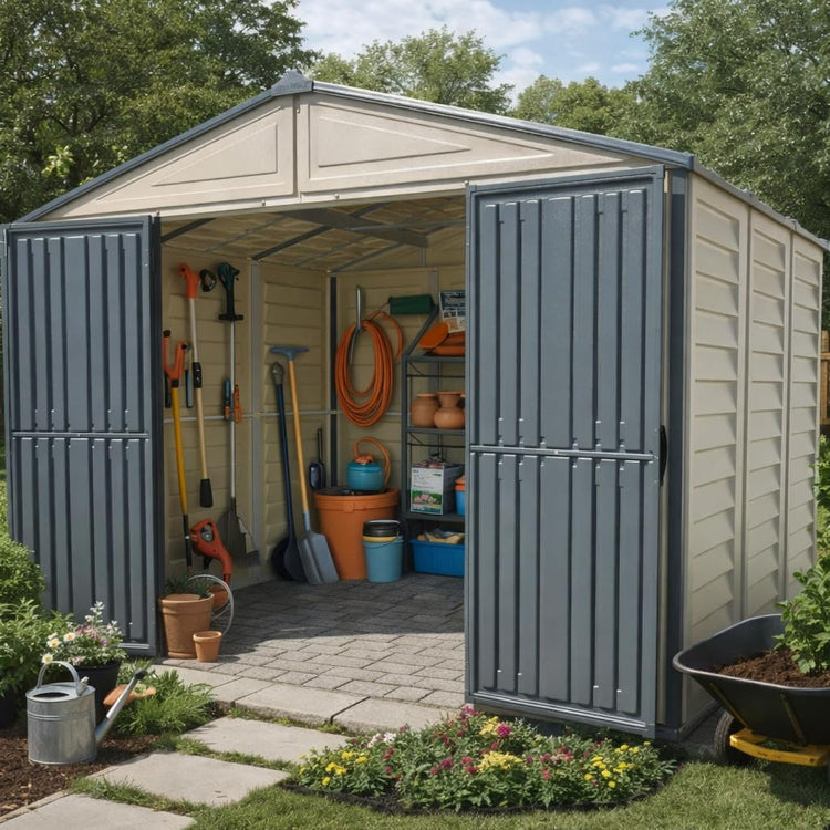 Plastic Garden Storage Shed 10.5 X 8 Ft Double Doors Lockable Dark Grey