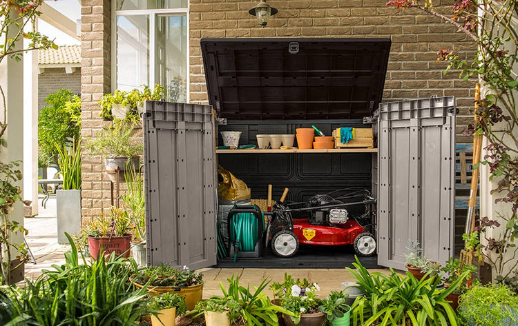 1200L Outdoor Garden Storage Shed with Piston-Assisted Lid & Wide Opening Doors - Beige/Brown
