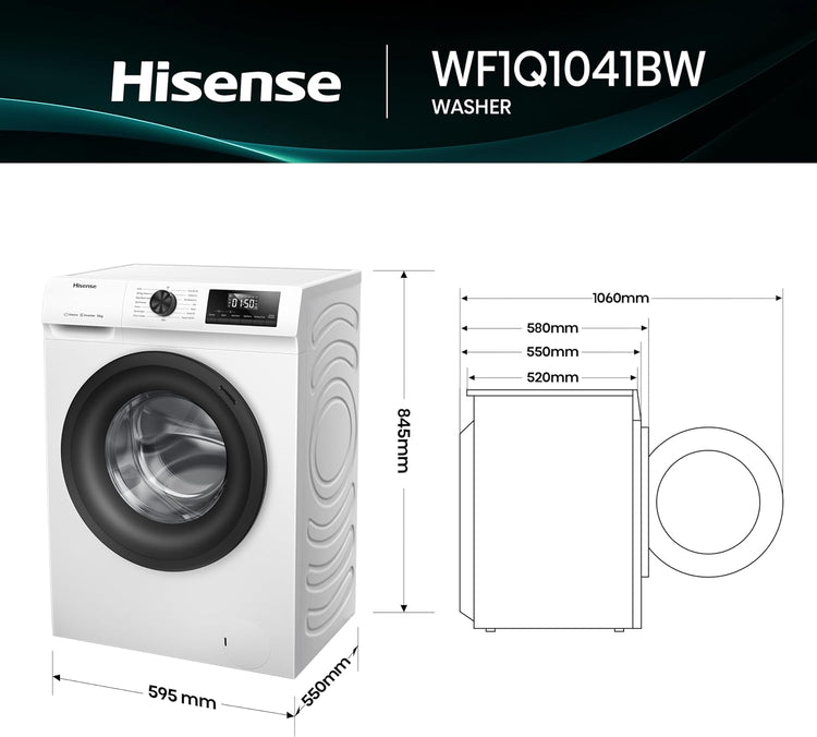 Hisense 1Q Series WF1Q1041BW Freestanding 10 KG Front Load Washing Durable Inverter Machine, Steam Wash, Quick Wash, 15 Washing Programs 1400 RPM White - Energy Rating A