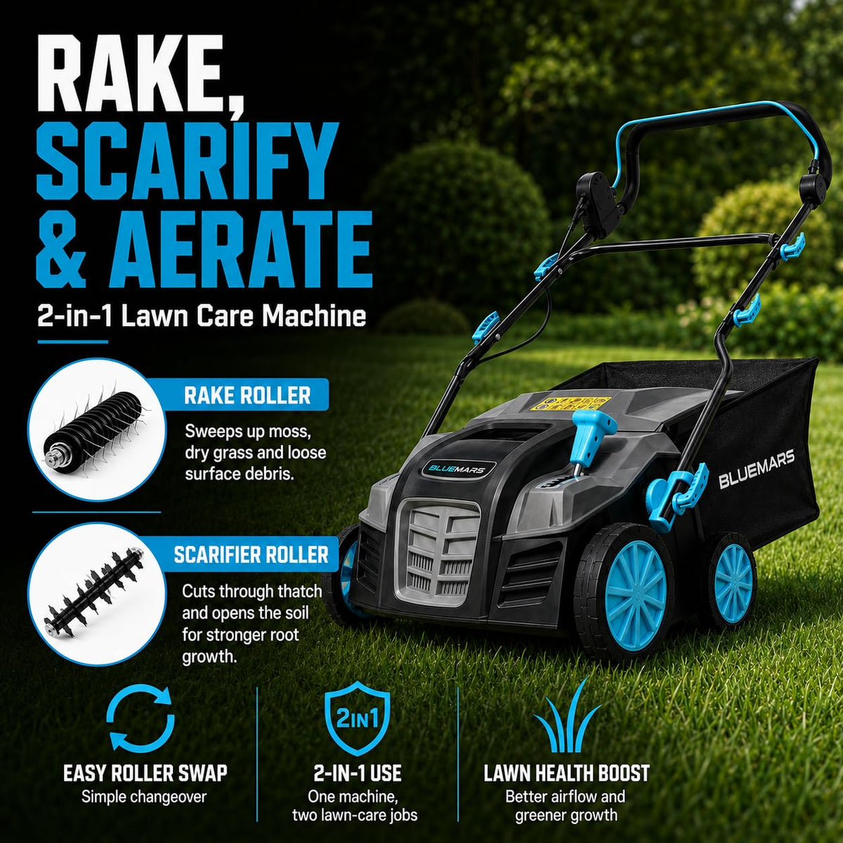 2000W Electric Lawn Scarifier & Aerator with 40cm Working Width & 55L Collection Box