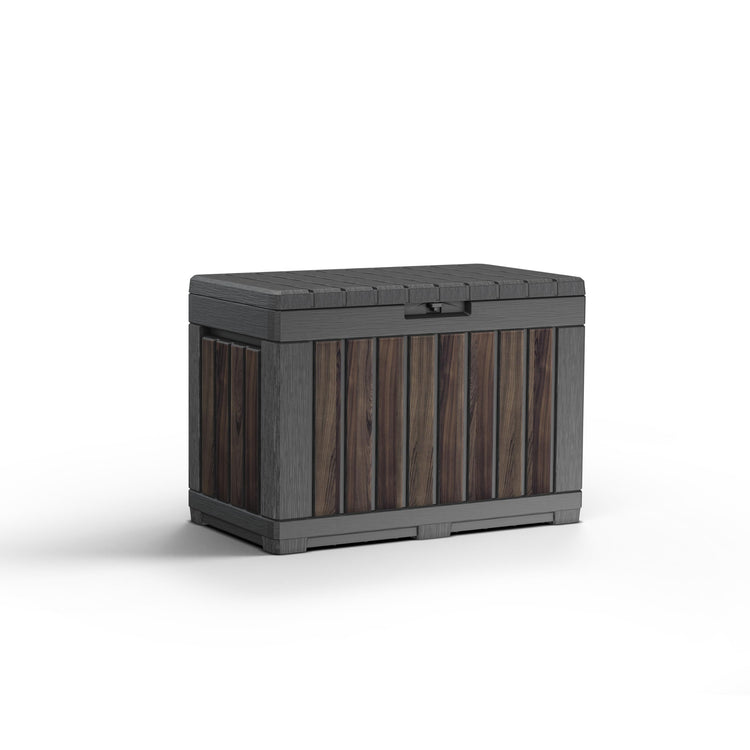 190L Outdoor Garden Storage Box with Wood-Effect Finish, Lockable Lid & Seating - Rosewood