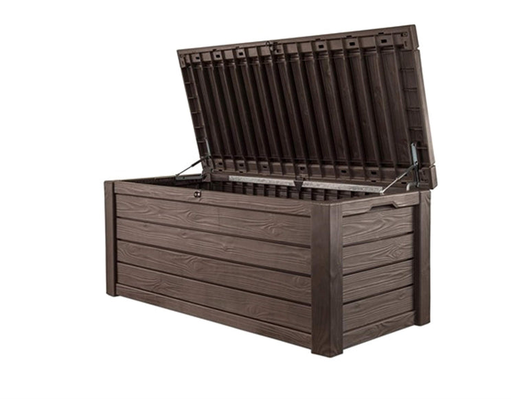 570L Outdoor Garden Storage Box with Wood-Effect Finish, Piston Lid & Seating - Brown