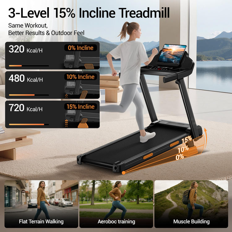 Foldable Treadmill with 15% Incline and 12 km/h Maximum Speed