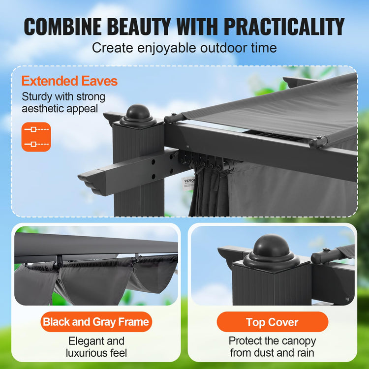 VEVOR 10'x10' Outdoor Retractable Pergola with Canopy, Aluminum Pergola with Retractable Canopy, Modern Style, Sun Shade for Patios, Gardens, Decks
