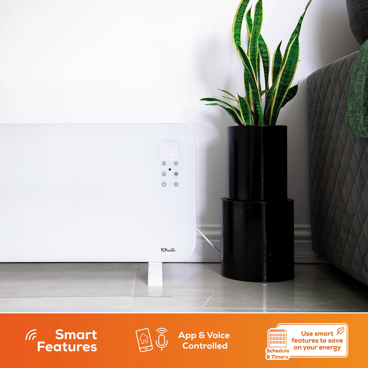 TCP Smart Glass Panel Heater 2000w White with App, WiFi, 2 Heat Modes, Voice Control Works with Alexa, Google Home & Siri Shortcuts, Wall Mounted or Portable, LED Display, Smart Schedules & Timers
