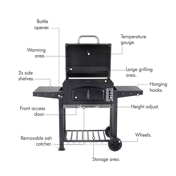 VonHaus BBQ, Charcoal Barbecue, Portable BBQ Use Anywhere In Your Garden, For Grilling Meat, Fish & Vegetables, With Side Tables & Temperature Gauge For The Perfect Barbecue Every Time