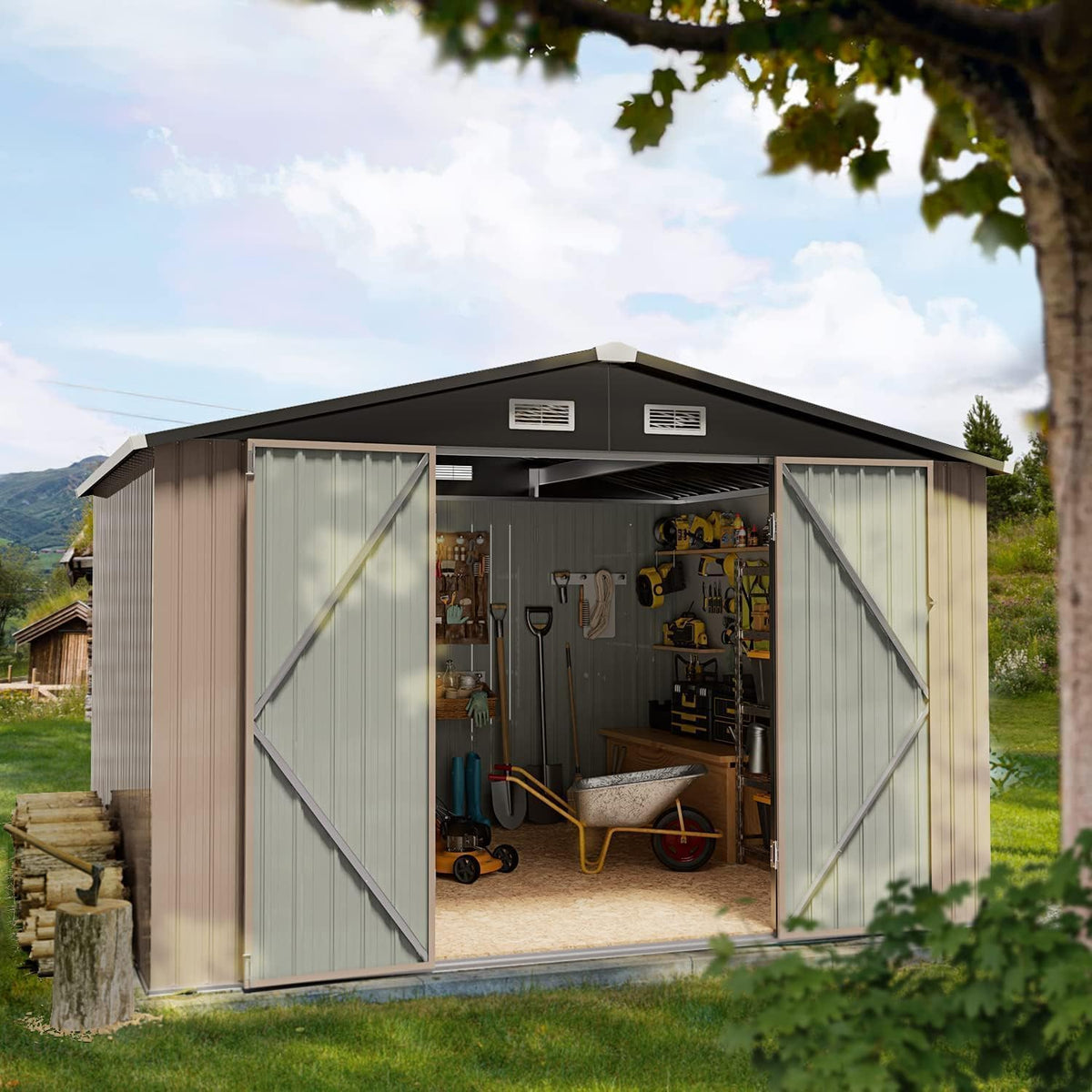 10x8ft Galvanised Metal Garden Storage Shed with Lockable Double Doors & Ventilation - Brown