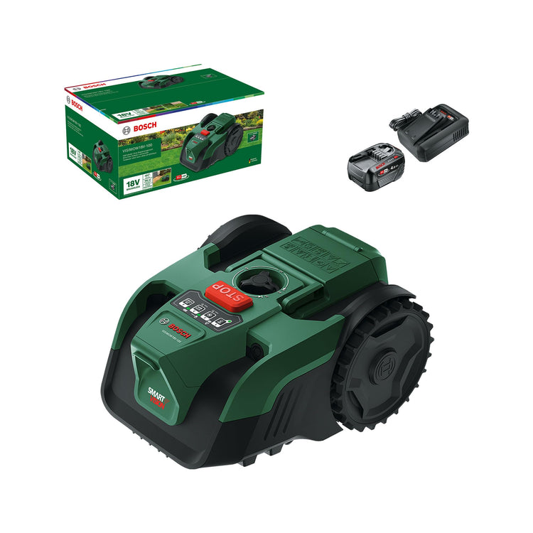 Bosch Cordless Robot Lawn Mower VISIMOW18V-100 (For Lawns up to 100 m2, Cutting Width: 16 cm, Height of Cut: 20-60 mm, incl Battery and Charger)