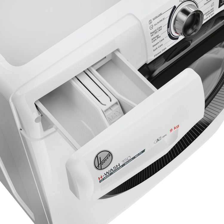 Freestanding Front Load Washing Machine – 9kg, 1400 RPM, 60 Programs, WiFi Connected, Inverter Motor, White/Black Door, Energy Class A