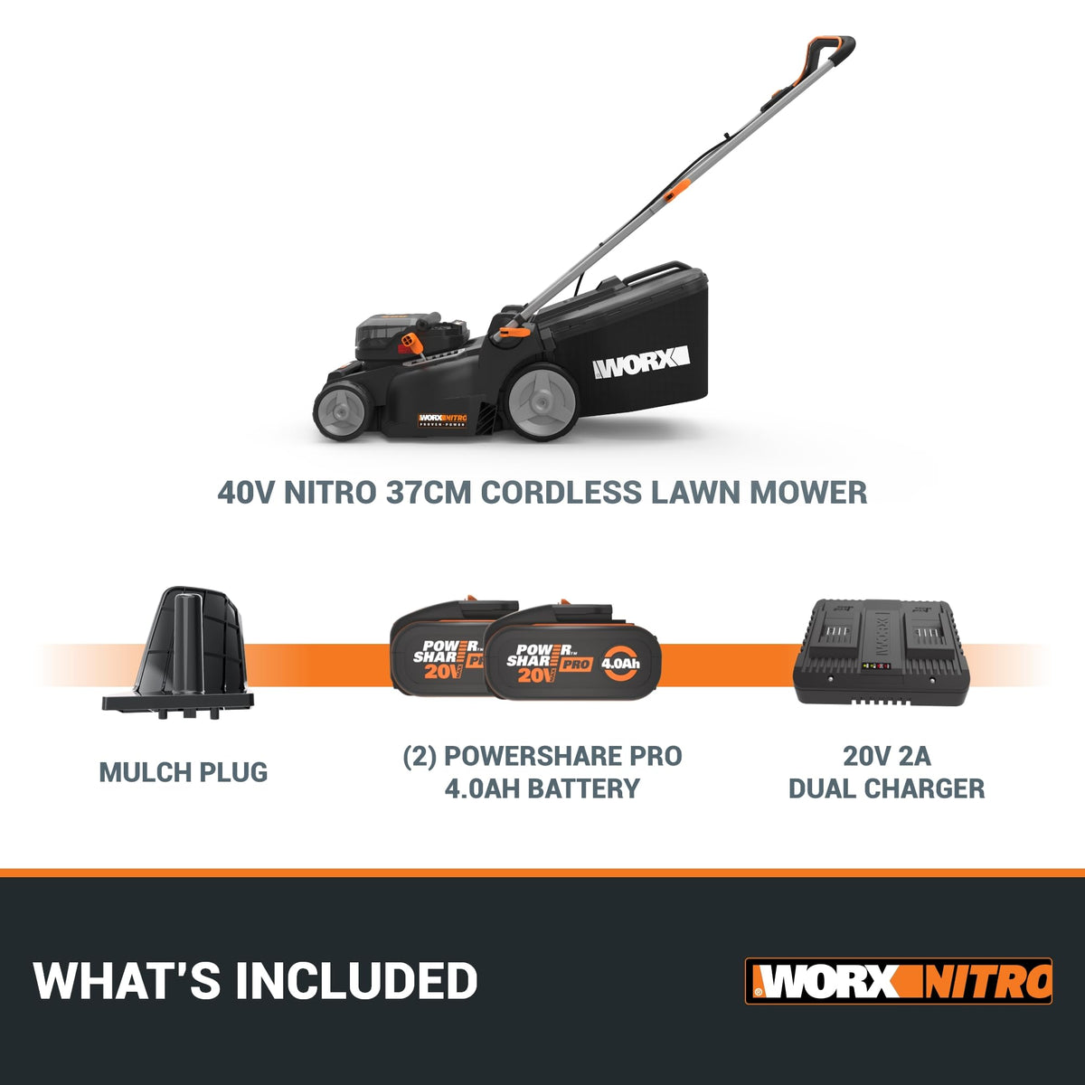 40V Brushless Cordless Lawn Mower with 37cm Cutting Width, 2 Batteries & Charger