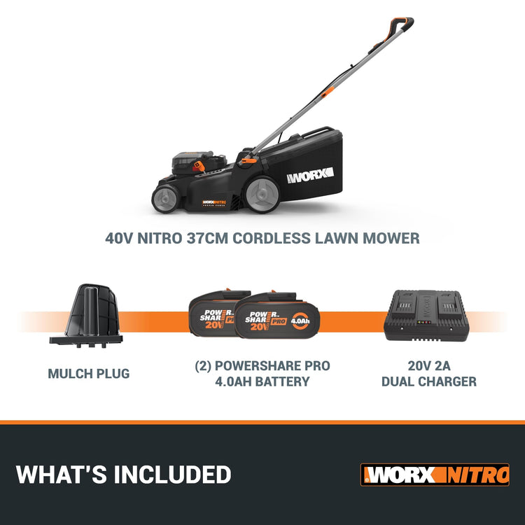 40V Brushless Cordless Lawn Mower with 37cm Cutting Width, 2 Batteries & Charger