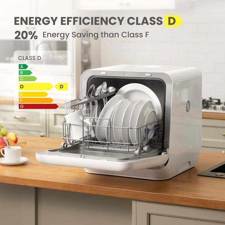 Compact Table Top Dishwasher with 5L Water Tank, 6 Wash Programs & Steam Function - White