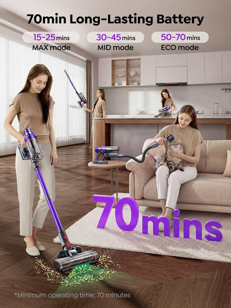 SMOTURE Cordless Vacuum Cleaner,55KPa Powerful Stick Vacuum Cleaner with 650W Motor,70 Min Runtime,Auto Mode,Detachable Battery,LED Touch Screen,Vacuum Cleaner for Pet Hair,Carpet,Hard Floor,Stair&Car