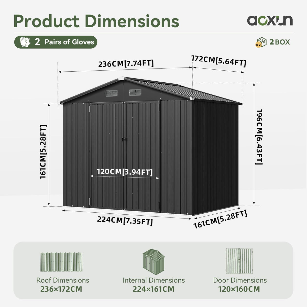 8x6ft Metal Garden Storage Shed with Lockable Double Doors & Ventilation - Black