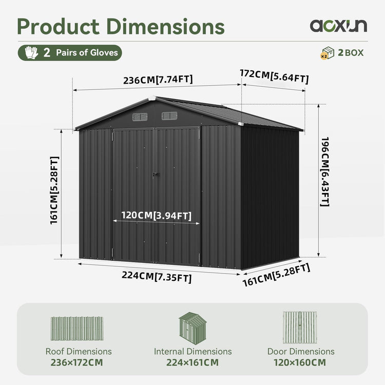 8x6ft Metal Garden Storage Shed with Lockable Double Doors & Ventilation - Black