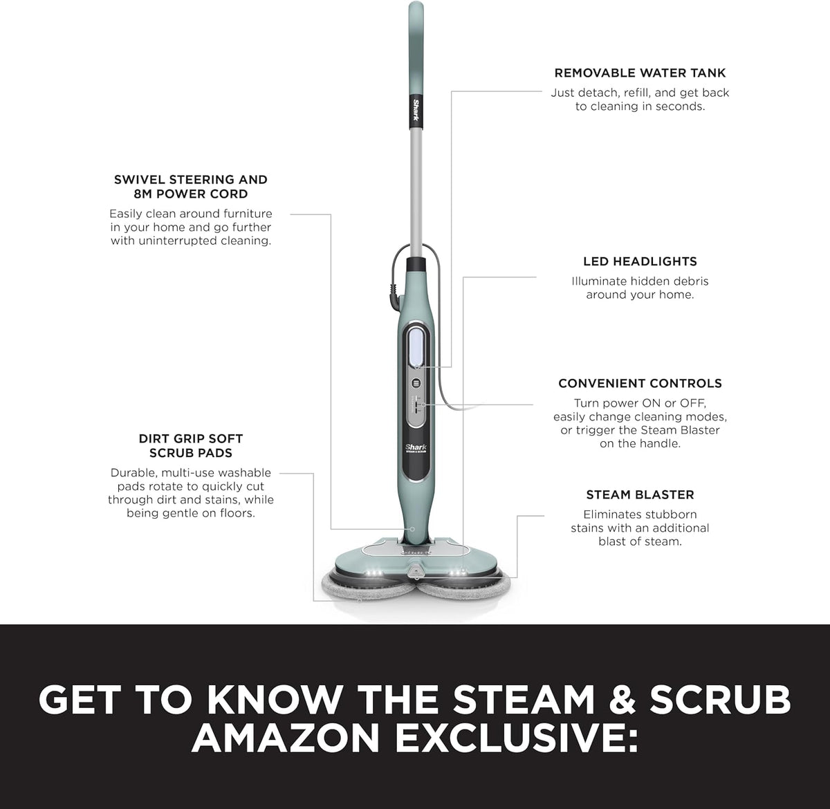 Shark Automatic Steam Mop, 8m Cord, White & Grey S8201UK