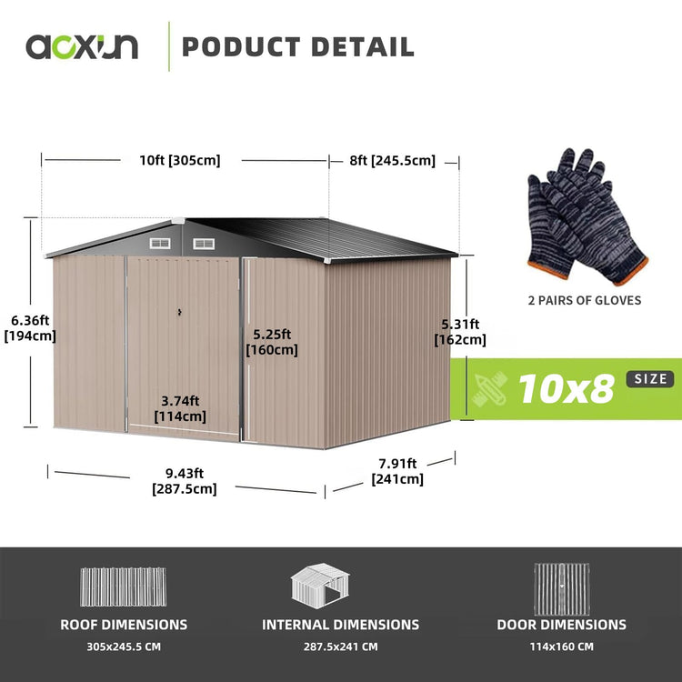 10x8ft Galvanised Metal Garden Storage Shed with Lockable Double Doors & Ventilation - Brown