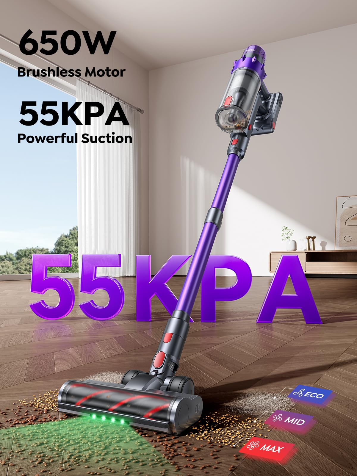 SMOTURE Cordless Vacuum Cleaner,55KPa Powerful Stick Vacuum Cleaner with 650W Motor,70 Min Runtime,Auto Mode,Detachable Battery,LED Touch Screen,Vacuum Cleaner for Pet Hair,Carpet,Hard Floor,Stair&Car