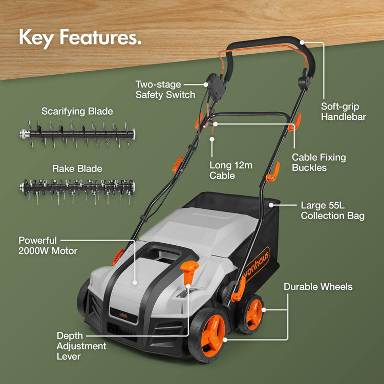 2000W Electric Lawn Scarifier & Aerator with 40cm Working Width & 55L Collection Box