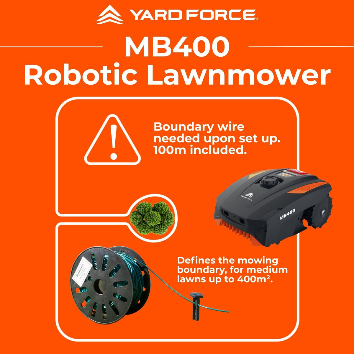 Yard Force MB400 Robotic Lawn Mower – 20V Lithium Battery, 16cm Adjustable Cutting Height 20–55mm, Bluetooth App Control, Ideal for Lawns up to 400m2