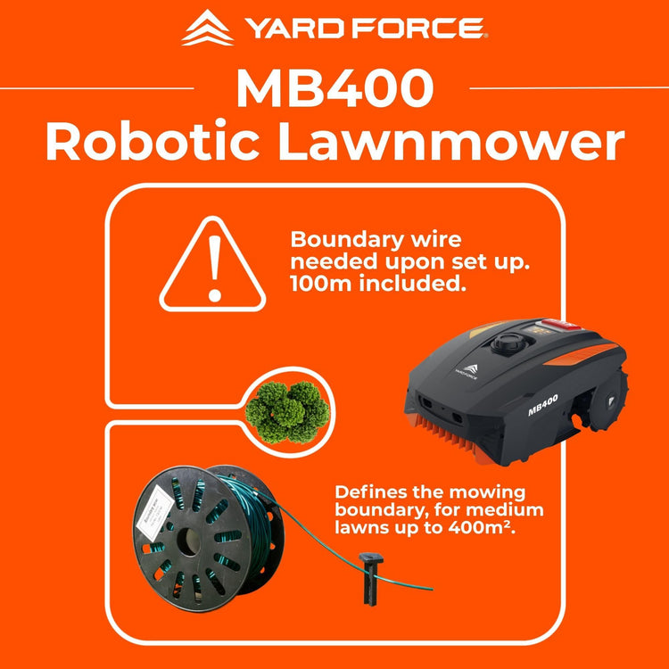 Yard Force MB400 Robotic Lawn Mower – 20V Lithium Battery, 16cm Adjustable Cutting Height 20–55mm, Bluetooth App Control, Ideal for Lawns up to 400m2