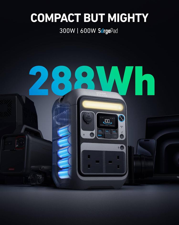 Anker SOLIX C300 Portable Power Station, Outdoor 288Wh LiFePO4 Battery, 300W (600W Surge) Solar Generator, 140W Two-Way Fast Charging, For Camping