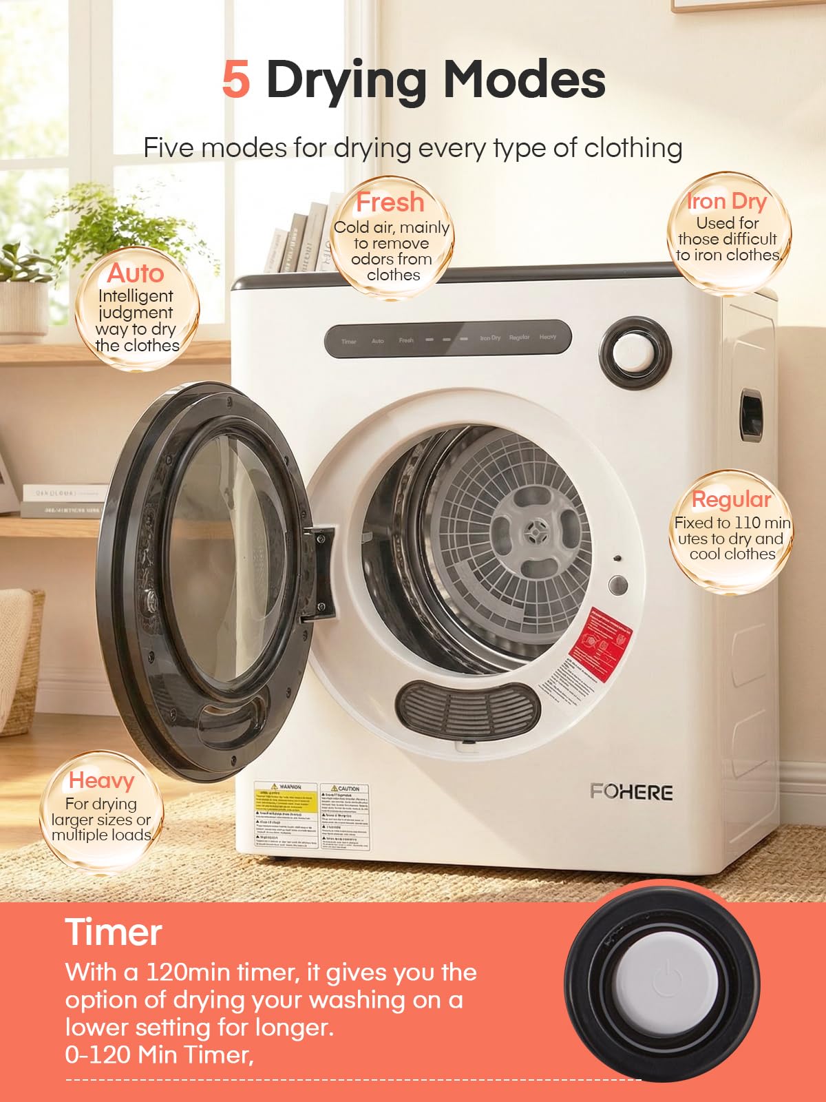 4kg Compact Vented Tumble Dryer with 5 Drying Modes, Sensor Dry & Timer - White