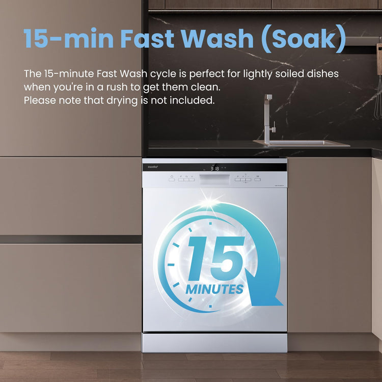COMFEE' Freestanding Dishwasher FD1435E-W with 14 place settings, Full Size, 44dB, Wide LED Display
