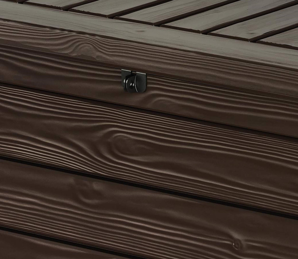 570L Outdoor Garden Storage Box with Wood-Effect Finish, Piston Lid & Seating - Brown