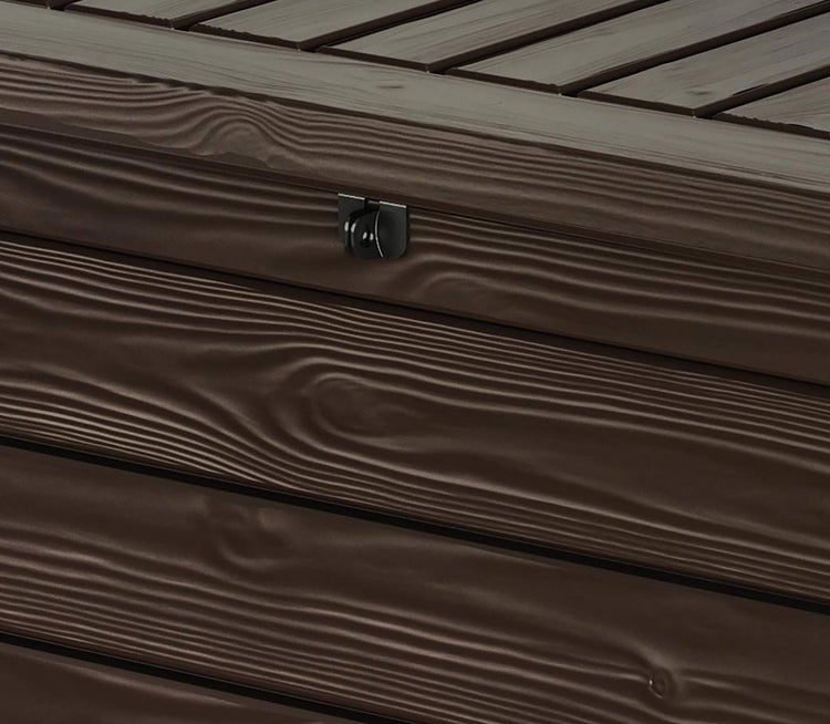 570L Outdoor Garden Storage Box with Wood-Effect Finish, Piston Lid & Seating - Brown