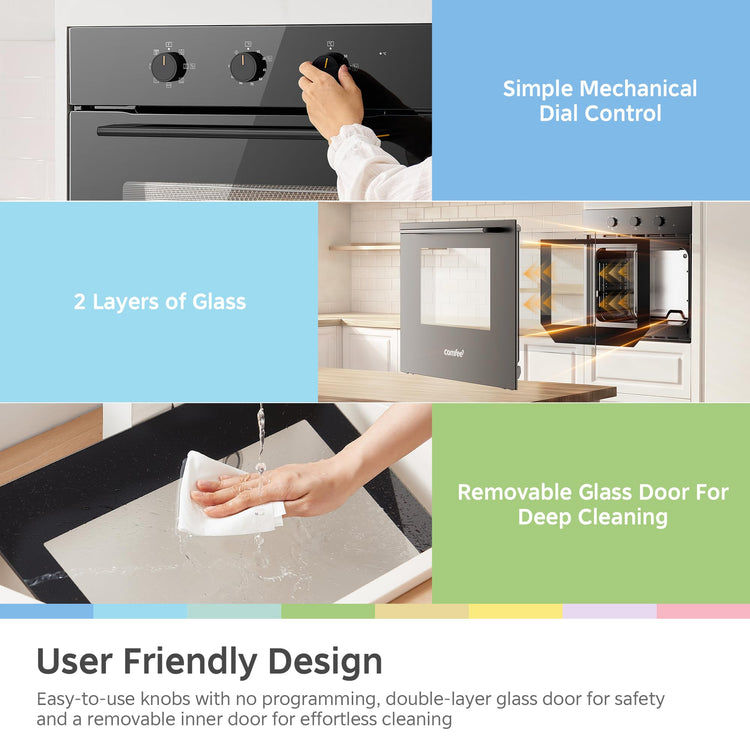 60L Built-In Electric Fan Oven with Air Fry, 8 Cooking Functions & Steam Cleaning - Black