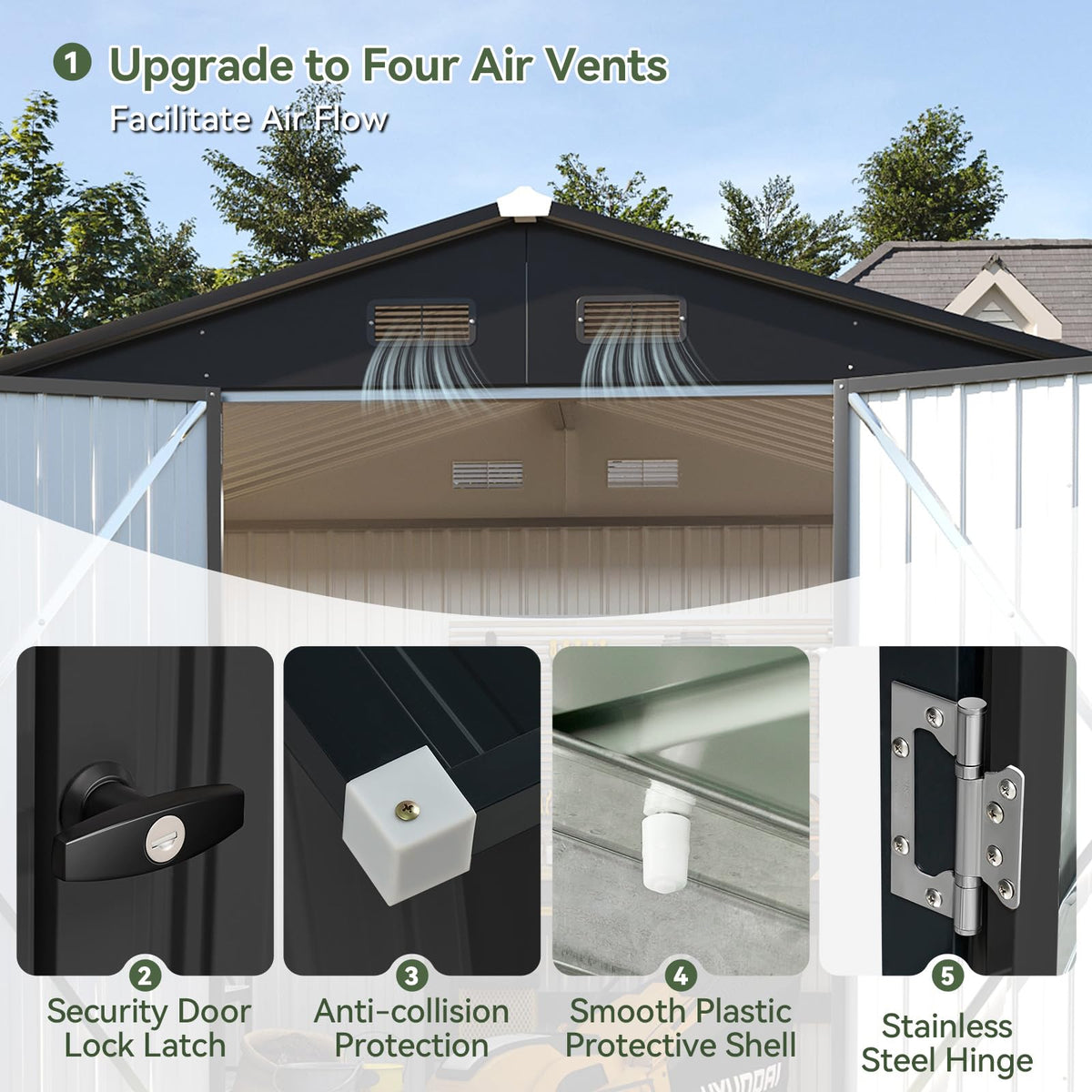 8x6ft Metal Garden Storage Shed with Lockable Double Doors & Ventilation - Black