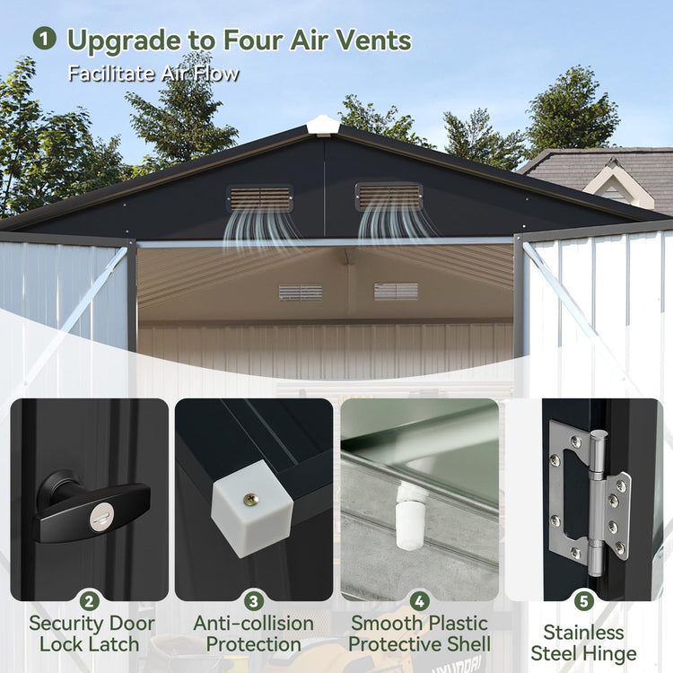 8x6ft Metal Garden Storage Shed with Lockable Double Doors & Ventilation - Black