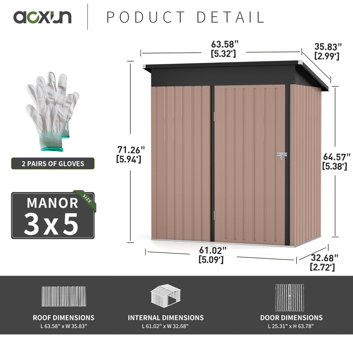 5x3ft Galvanised Metal Garden Storage Shed with Lockable Door & Ventilation - Brown
