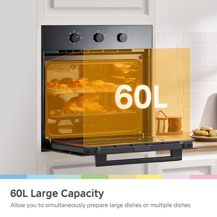 60L Built-In Electric Fan Oven with Air Fry, 8 Cooking Functions & Steam Cleaning - Black