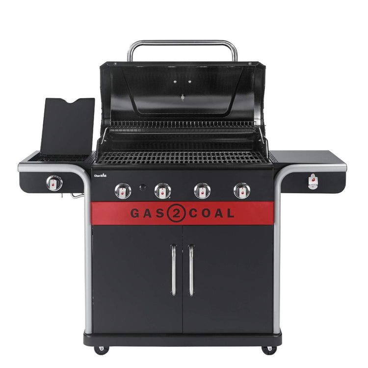 Hybrid Gas & Charcoal BBQ Grill with Cast Iron Grates & Temperature Gauge